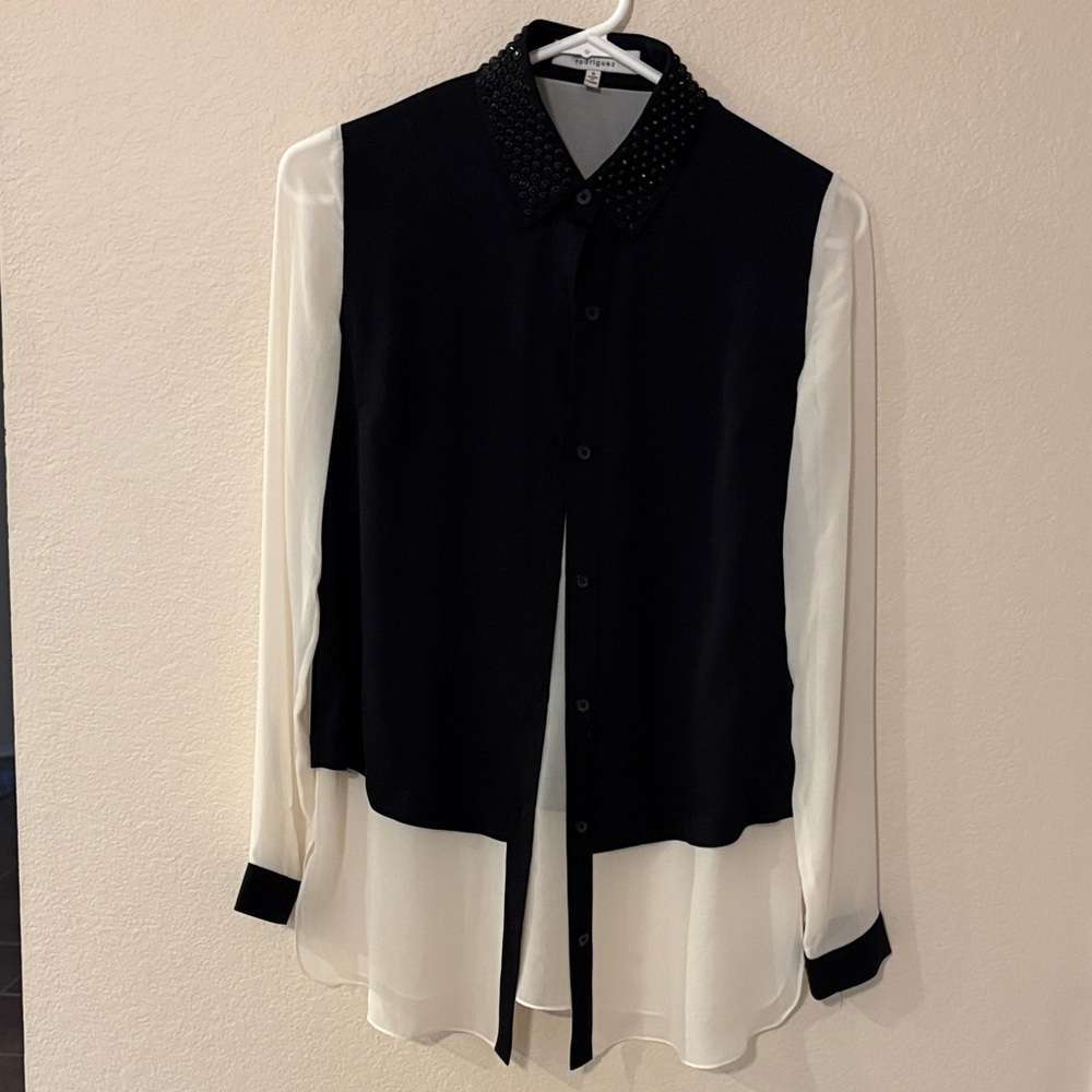 Robert Rodriguez Black and White Blouse with Beaded Collar